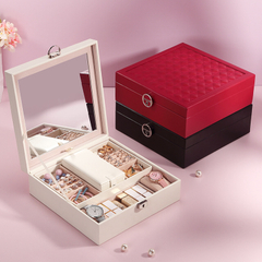 Wholesale Jewelry Packaging Simple Flip-Top Lipstick Luxury Pu Leather Watch Jewelry Box with Large Mirror