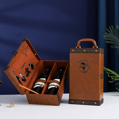 Custom Double Leatherette Wine Box PU Leather 750ML Wine Bottle Packaging Box With Vintage 4 Piece Wine Tools Kit