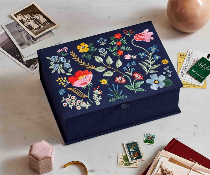 Embroidery Magnetic Flip Top Gift Box Jewelry Diy Photo Card Keepsake Storage Box with Ribbon Gold Foil Logo on inside Lid