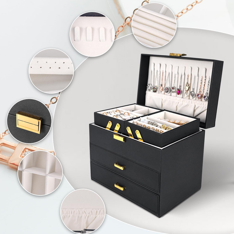 Custom Pu Leather Promotion 3 Tiers Jewelry Organizer Box Handmade Cotton Travel Jewelry Storage Box for Women