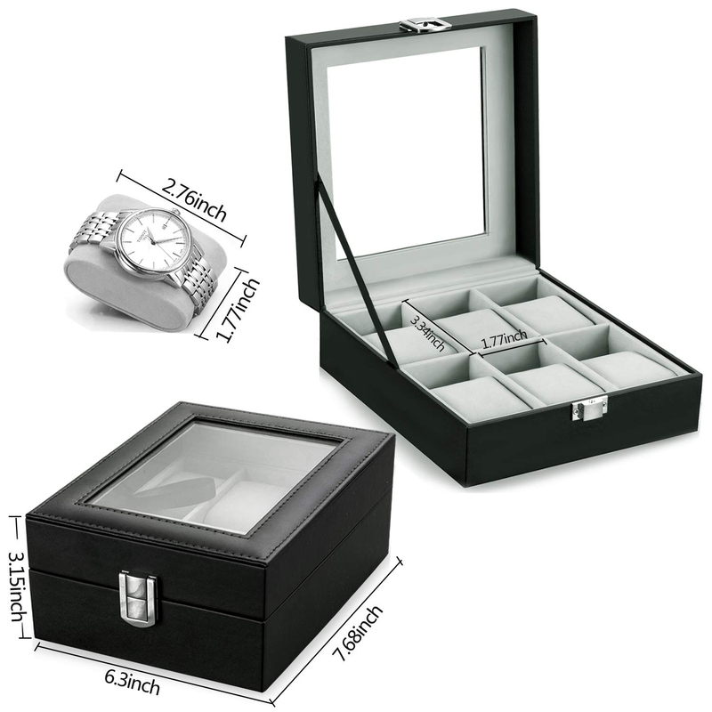 Wholesale 6 Slots Transparent Hinged Lid PU Leather Case Organizer Watch Display Wooden Watch Box