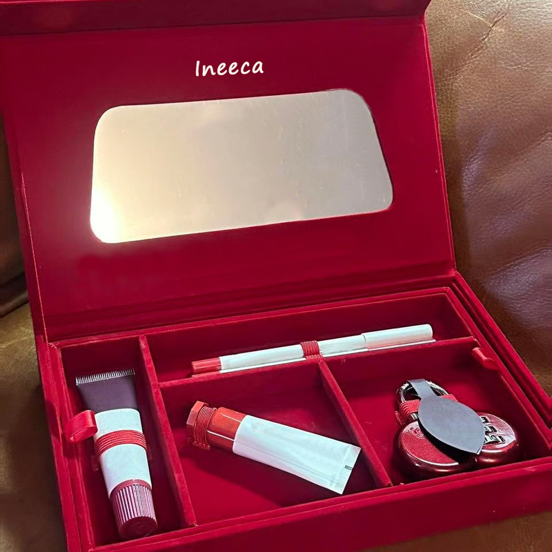 Custom Logo Red Velvet Magnetic Flap Skincare Lip Gloss Packaging Boxes Empty Makeup Cosmetic Organizer Storage Box with Mirror
