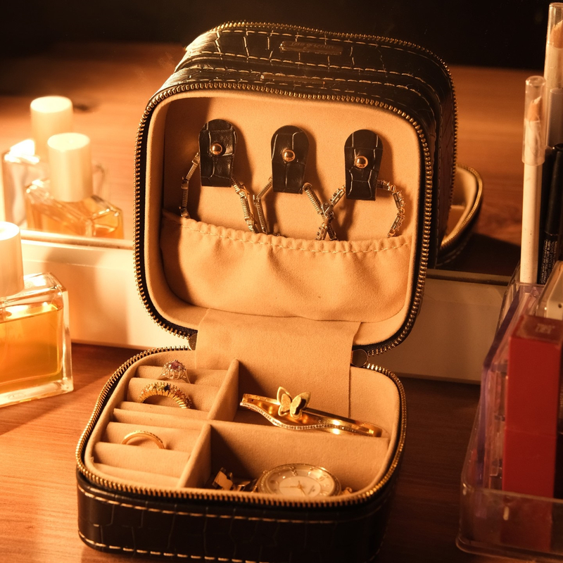 Pink Alligator Leather Jewelry Boxes Storage Velvet Lining Earring Necklace Box Zipper Portable Jewelry Packaging Organizer 