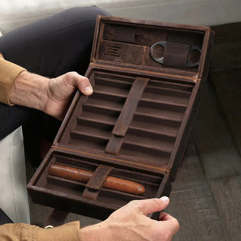Custom Logo Brown Leather Cigar Box Case Packaging Double Door Design Luxury Humidor Cigar Storage Gift Box Set for Seven Sticks