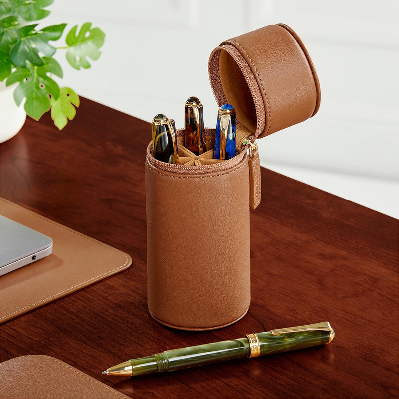Custom Small Black Leather Pencil Case Cylindrical Design 2 Zip Desktop Standing Color Pencil Pen Case Box Set with Logo