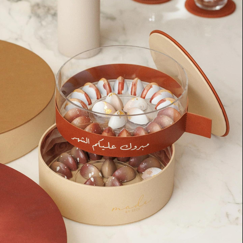 Handmade Leather Ramadan Gift Box Empty Food Chocolate Candy Packaging Display Box Round Double Layer Chocolate Bar Storage Box