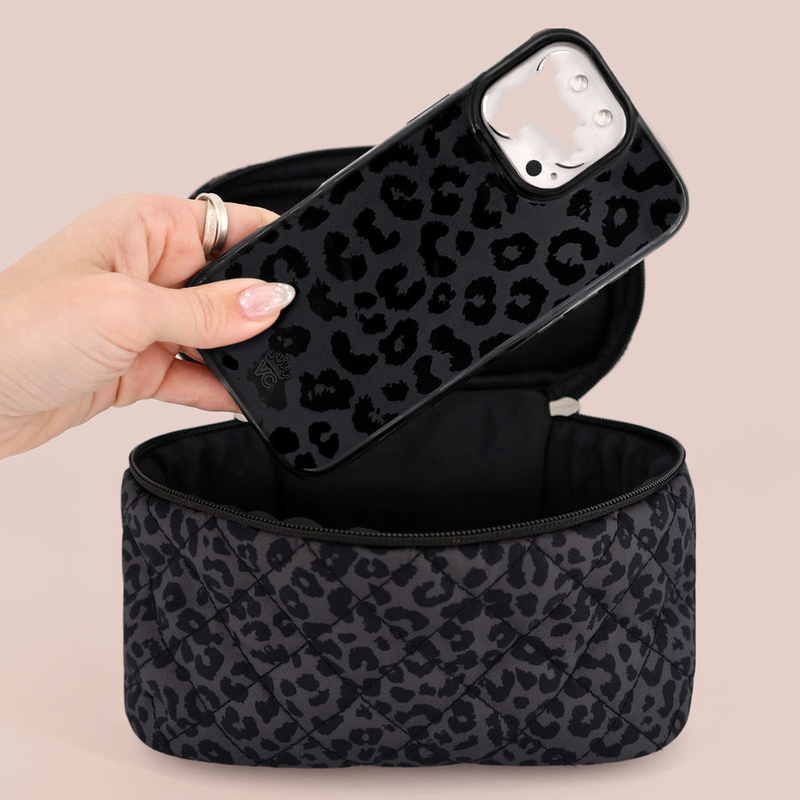 Black Leopard Large Makeup Bag Interior Zipper Pouch Polyester Custom Travel Portable Cosmetic Brushes Skincare Wash Organizer 