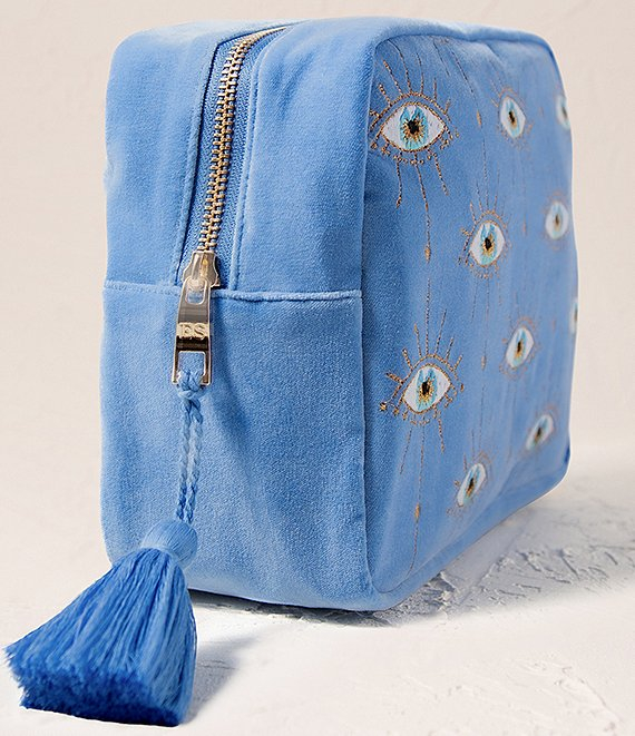 Blue Velvet Wash Bag Custom Travel Makeup Zipper Bag for SkinCare Storage Organizer Professional Cosmetic Embroidery Tote Bag