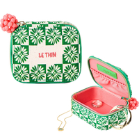 Zipper White Floral Chequerboard Pattern Ring Jewelry Box Organizer Travel Fabric Embroidery Polyester Bracelet Necklace Box