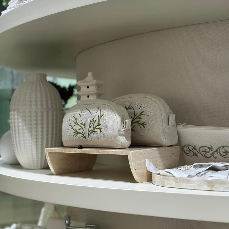 Embroidered Linen Makeup Cosmetic Bag