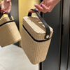 Portable Woven Straw Leather Tote Jewelry Cosmetic Bag