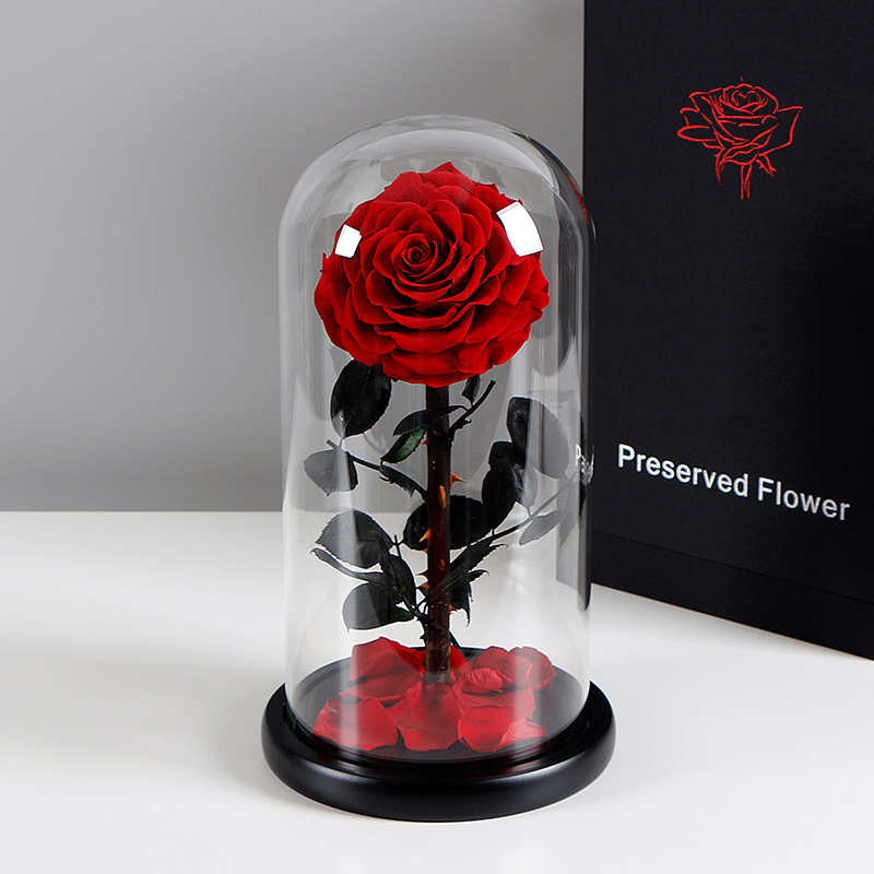 Valentine creative gift high quality LED light glass domes Artificial immortal eternal rose preserved flower packaging box