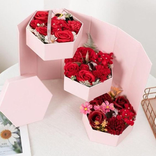 New Arrival Hexagon Shape Three Later Paper Cardboard Rotation Valentine's Day Rose Flower Cosmetic Storage Packaging Box
