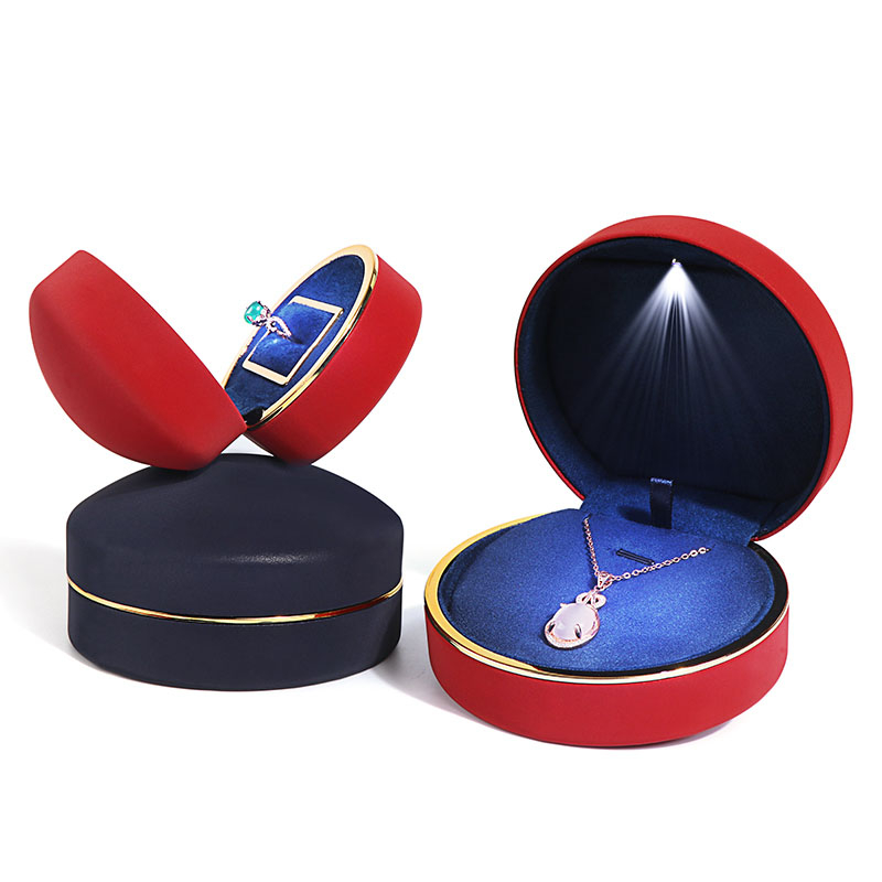 Custom Wholesale PU Leather Round LED Light Jewelry Ornaments Gift Packaging Ring Pendant Box with Logo