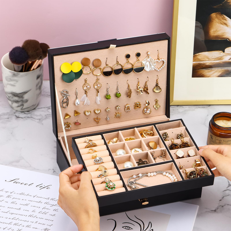 New Design Double Layer Earrings Rings Necklace Jewelry Storage Case PU Leather Jewelry Organizer Holder Box For Women Girls