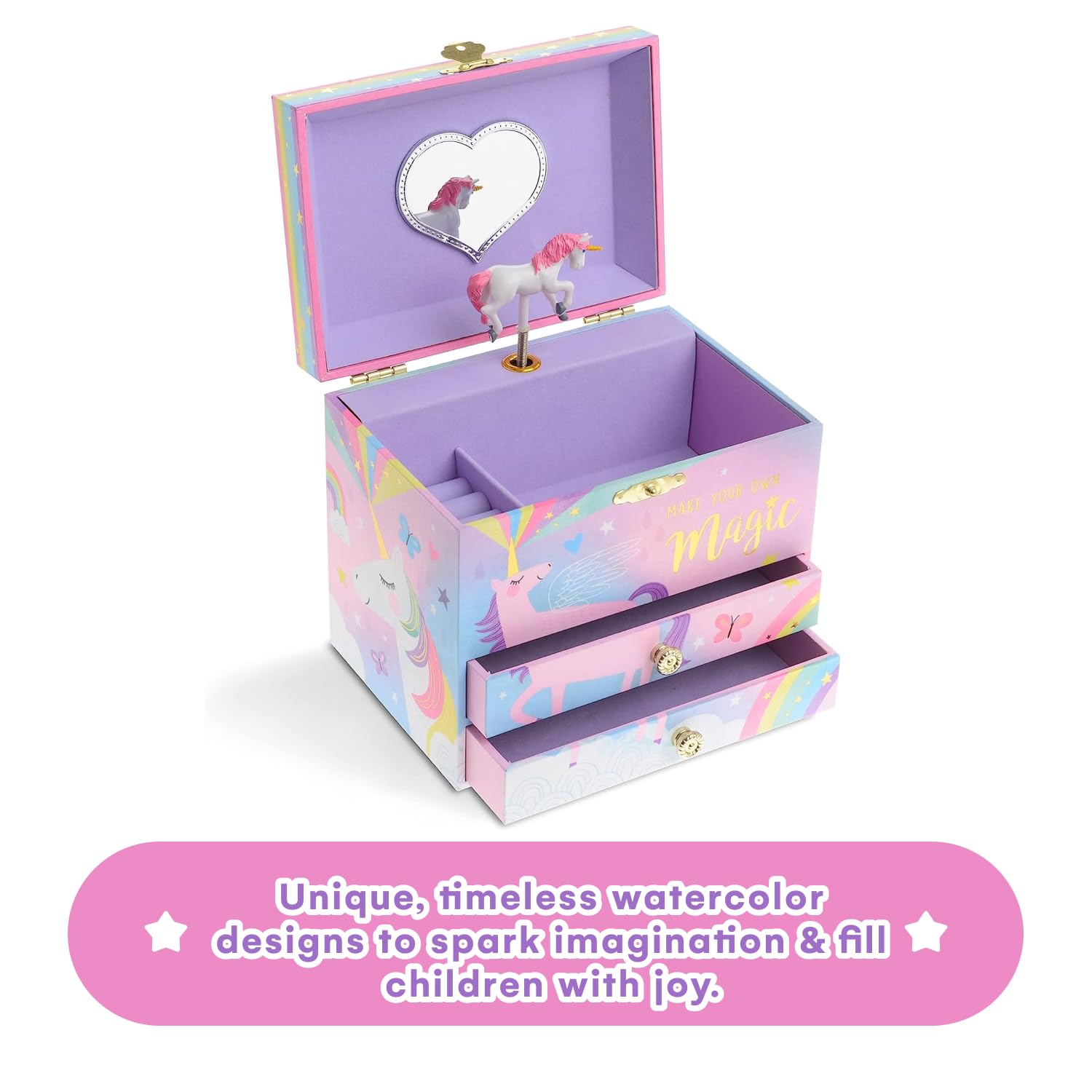 Children Ballerina And Rainbow Musical Jewelry Box with 2 Pullout Drawers Swan Lake Tune