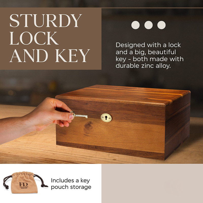 Wooden Storage Box with Hinged Lid And Locking Key Large Premium Acacia Keepsake Chest Wooden Box