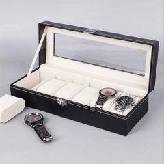 Black PU Leather 6 Slot Watch Display Case Clear Glass Window Wooden Jewelry Watches Organizer Storage Boxes