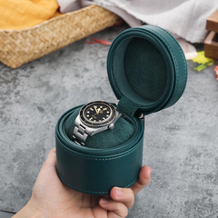 Classic Vintage Portable Storage Round Single Pu Leather Microfiber Watch Packaging Box With Zipper