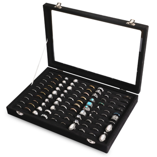 Professional Black 100 Slots Large Ring Display Tray With Cover Luxury Stackable Clear Jewelry Tray With Lid