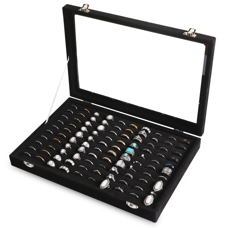 Professional Black 100 Slots Large Ring Display Tray With Cover Luxury Stackable Clear Jewelry Tray With Lid