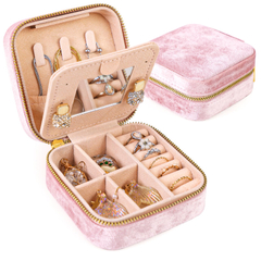 Small Portable Plush Velvet Travel Jewelry Organizer Box with Mirror for Women Girls Rings Earrings Necklaces Bracelet