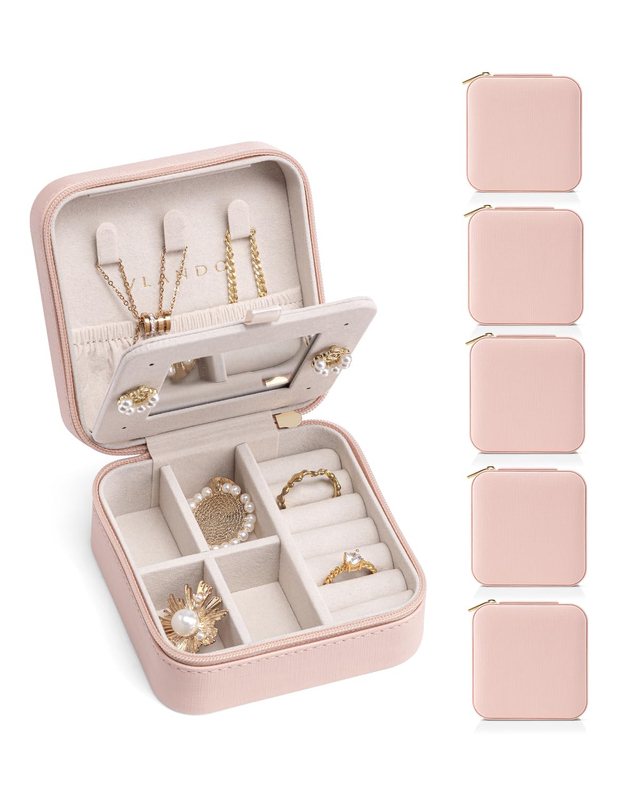 New Arrival PU Leather Joyero Pink Mini Portable Jewellery Necklace Earring Gift Case With Mirror Travel Jewelry Box Organizer