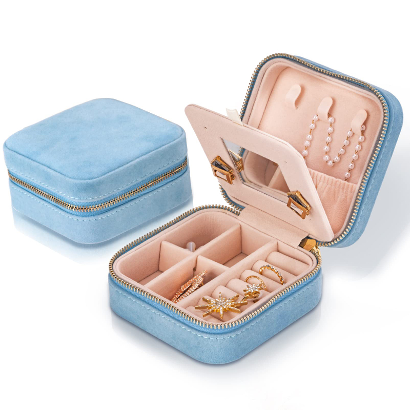 Wholesale Custom Square Velvet Travel Jewelry Case Portable Ring Earring Necklace Jewelry Storage Organizer Box With Zipper