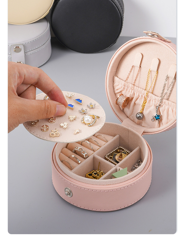 Round Travel Jewelry Box Women Ladies PU Jewelry Storage Organizer Necklace Earrings Rings Display Box