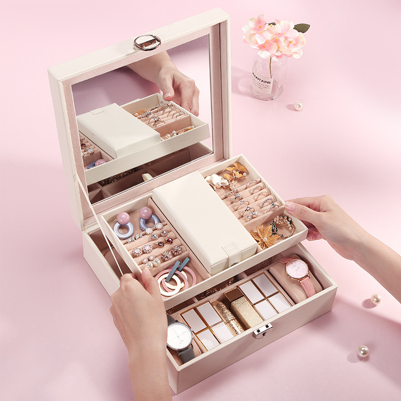 Wholesale Jewelry Packaging Simple Flip-Top Lipstick Luxury Pu Leather Watch Jewelry Box with Large Mirror