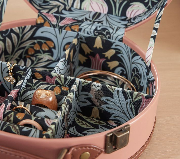 Mini Round Jewelry Box Colorful Floral Lining Faux Leather Custom Travel Led Mirrored Jewelry Bracelet Necklace Ring Box Package