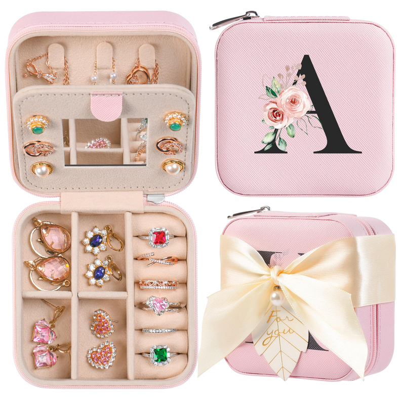 Customized 26 Letters Printed PU Leather Portable Travel Jewelry Organizer Boxes Mirror Ring Earrings Necklace Jewelry Storage Boxes