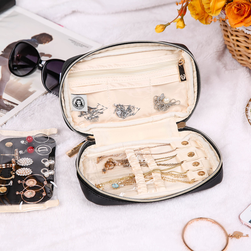 Leather Women's Mini Stud Earrings Rings Necklaces Bracelets Makeup Travel Jewelry Organizer Jewelry Storage Bag