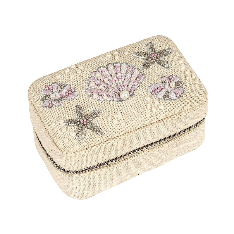 Personalized Logo Seashell Storage Gift Box for Pearls Jewelry Creative Packaging Box Star Embroidery Zipper Fabric Jewelry Box
