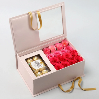 Square Folding Paper Rose Flower Jewelry Packaging Box with Clear Window