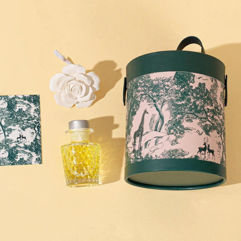 Personalized Empty Leather Perfume Oil Packing Box Pattern Printing with Satin Interior Handle Cylindrical Perfumes Paper Boxes