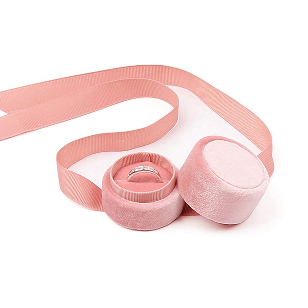 Custom Logo Pink Engagement Round Velvet Ring Box with Ribbon,wholesale Wedding Jewelry Ring Boxes Luxury