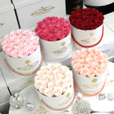 Custom Extra Large Round Rose Flower Presentation Gift Box For Valentine Luxury Flower Bouquet Packaging Box With Pearl Handle