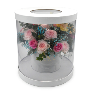 Custom Logo Large Transparent Plastic Round Cylinder Paper Rose Flower Packaging Gift Box with Drawer for Wedding Chocolate
