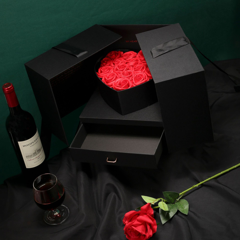 Custom Design Printed Luxury Double Door Open Paper Flower Jewelry Packaging Box With Drawer For Valentine's Day