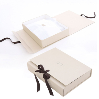Custom Logo Printed Simple Design Paper Cardboard Folding Garment Clothing Gift Packaging Box Ribbon Closure