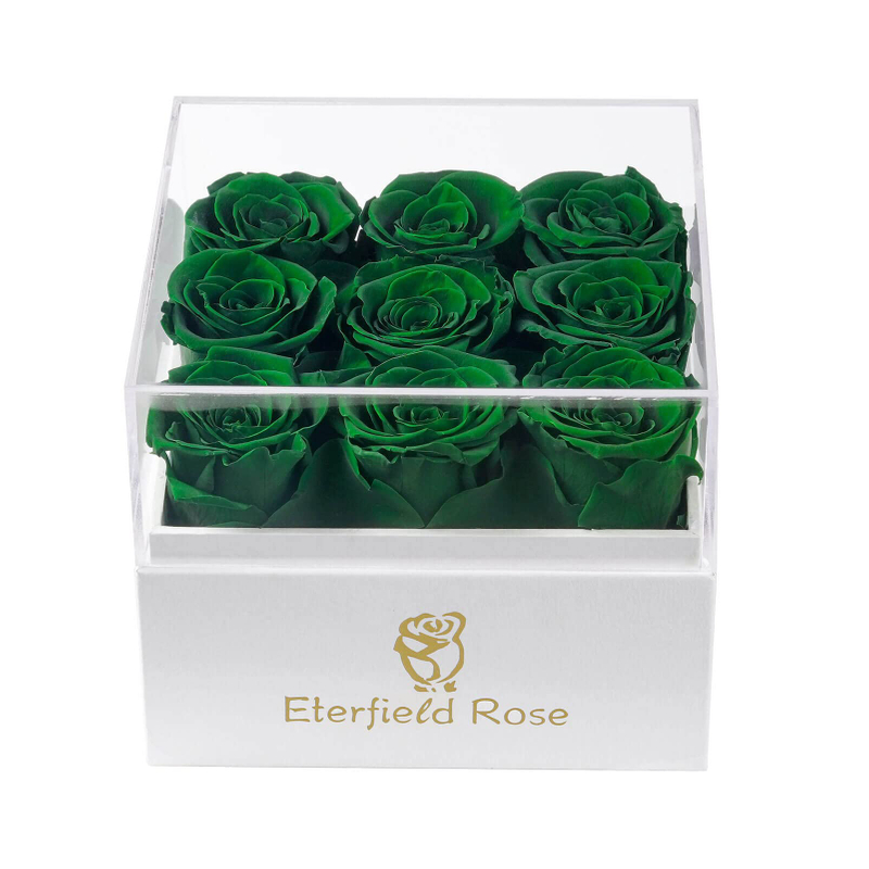 Custom Square Paper Infinity Eternal Forever Preserved Green Rose Flowers Gift Packaging Box With Clear Lid