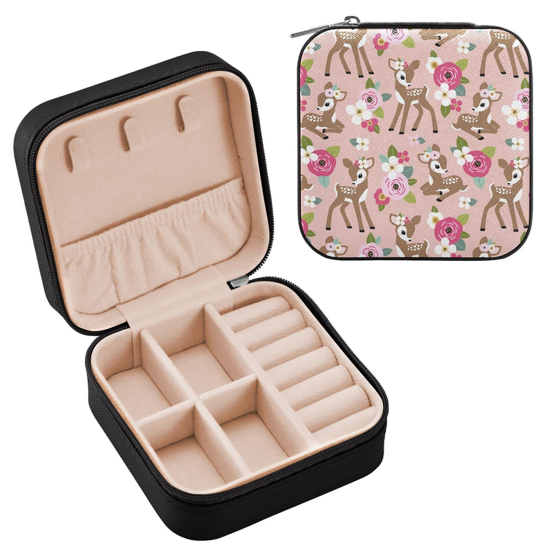 Portable Travel Pink Floral Cute Fawn Jewelry Organizer Storage Boxes PU Leather Small Jewelry Case for Ring Earring Necklace