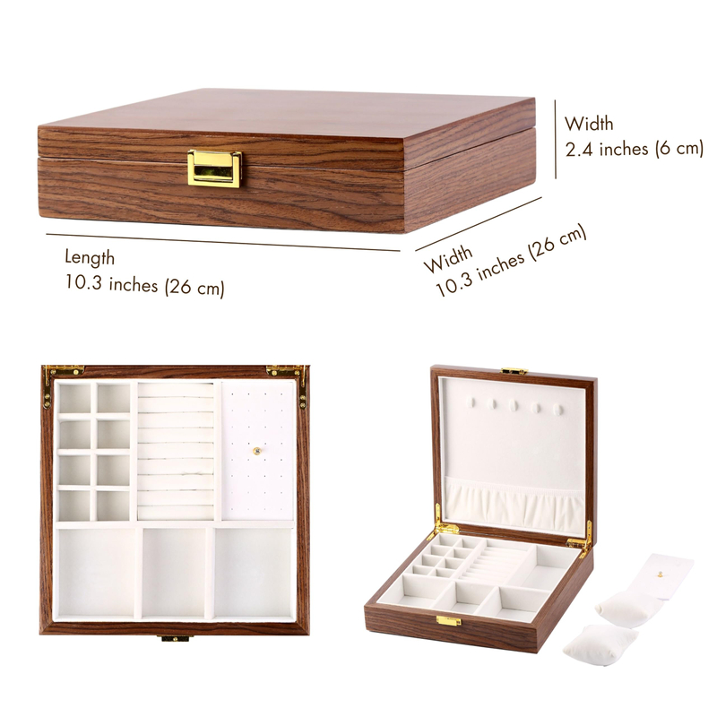 2 Layer Vintage Velvet Solid Walnut Wooden Earrings Rings Necklaces Bracelet Watch Jewelry Organizer Storage Box with Lock 