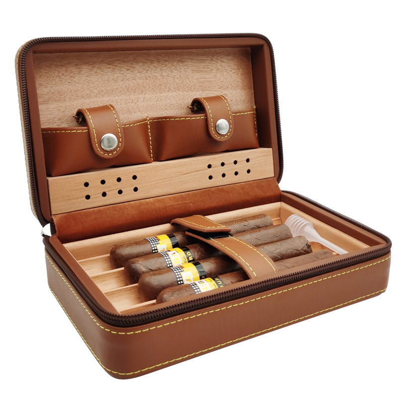 Custom Portable Travel Leather Humidor Cigar Case Bag Humidor Cedar Wood Gift Box For 4 Cigars