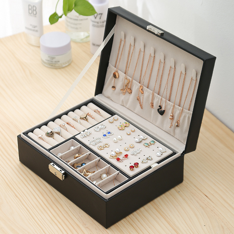 Custom Two Layers Ring Earring Necklace Gift Box Small Travel Jewelry Case Storage Box PU Jewelry Organizer With Lock