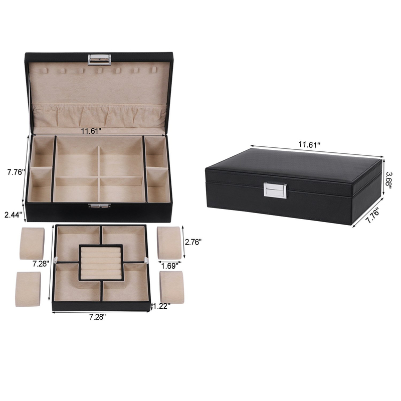 PU Leather Velvet Lining Men Watch Jewelry Organizer Storage Box with Removable Tray for Necklace Ring Bracelet