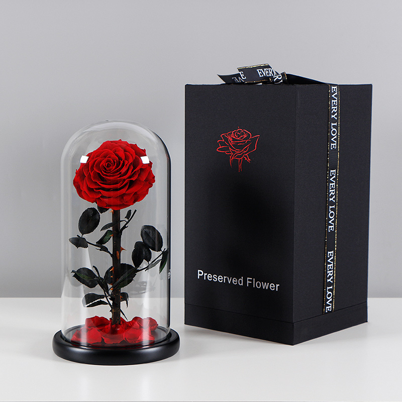 Luxury Valentine Day Preserved Roses In Glass Dome Factory Glass Dome With Wood Base Eternal Rose Preserved Flower In Glass Dome