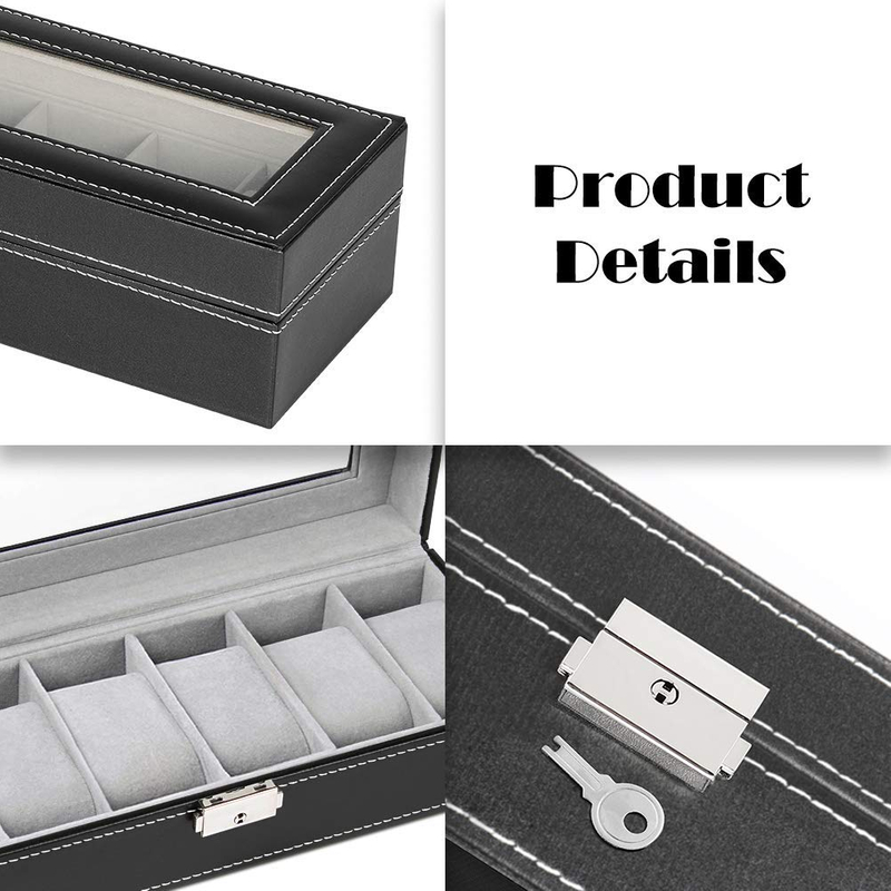 Black PU Leather 6 Slot Watch Display Case Clear Glass Window Wooden Jewelry Watches Organizer Storage Boxes