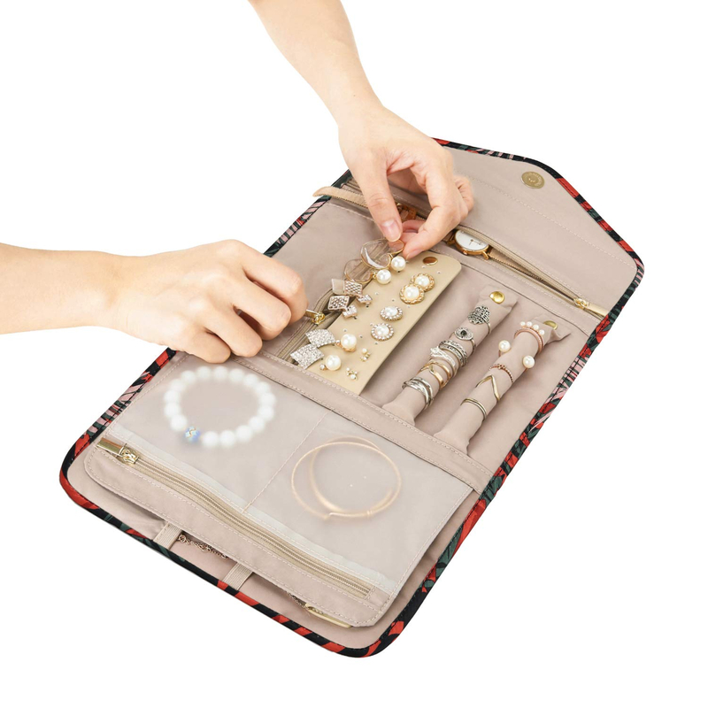 Portable Foldable Fabric Ring Necklace Earring Storage Case Hot Sell Jewelry Organizer Roll Bag with Pocket Zipper